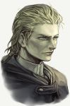 1boy blonde_hair blue_eyes cloak closed_mouth copyright_request grey_background hair_slicked_back hankuri limited_palette male_focus metal_gear_(series) metal_gear_solid mole mole_under_eye portrait simple_background the_boss 