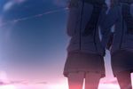  backlighting blue_sky condensation_trail epaulettes evening from_behind head_out_of_frame kantai_collection kashima_(kantai_collection) katori_(kantai_collection) locked_arms long_sleeves military military_uniform multiple_girls outdoors pleated_skirt scarf skirt sky striped striped_scarf sunlight sunset thighhighs tomato_(lsj44867) uniform 