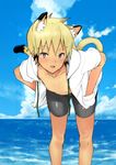  :3 animal_ears black_hair blonde_hair cat_ears cat_tail coin_rand fang grey_eyes highres hood hood_down hoodie male_focus male_swimwear multicolored_hair original solo swim_trunks swimwear tail trim_marks two-tone_hair wading water 