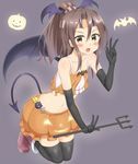  :d alternate_costume bat bat_wings black_gloves brown_eyes brown_hair collarbone elbow_gloves full_body gloves hachimaki halloween halloween_costume headband holding jack-o'-lantern kantai_collection long_hair looking_at_viewer navel nedia_(nedia_region) open_mouth polearm ponytail pumpkin_pants simple_background smile solo trident v weapon wings zuihou_(kantai_collection) 