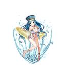  absurdres anklet bikini blue_eyes blue_hair breasts frilled_bikini frills front-tie_top full_body hat highres inflatable_toy jewelry large_breasts long_hair navel official_art pendant sandals selestat solo swimsuit thousand_memories transparent_background water white_bikini 