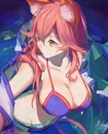  animal_ears bangs bikini blue_bikini breasts cleavage fate/grand_order fate_(series) fox_ears highres large_breasts long_hair looking_to_the_side pink_hair red_cucumber solo swimsuit tamamo_(fate)_(all) tamamo_no_mae_(fate) tamamo_no_mae_(swimsuit_lancer)_(fate) wading water yellow_eyes 