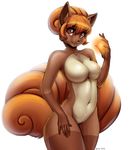  2016 5_fingers absurd_res anthro anthrofied black_nose breasts brown_eyes brown_fur brown_hair digital_media_(artwork) eyebrows eyelashes featureless_breasts female front_view fur gloves_(marking) hair hand_on_thigh hi_res inner_ear_fluff kyma looking_at_viewer markings multi_tail navel nintendo pok&eacute;mon pussy short_hair simple_background smile solo standing thick_thighs video_games vulpix white_background wide_hips 