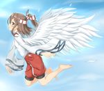  absurdres bare_legs barefoot blue_sky brown_eyes brown_hair cloud cloudy_sky day feathered_wings flying full_body hachimaki hakama headband highres japanese_clothes kantai_collection looking_at_viewer nedia_(nedia_region) ponytail sky smile solo white_wings wings zuihou_(kantai_collection) 