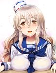  :d alternate_costume between_breasts blush breast_press breast_rest breasts brown_eyes commentary_request drunk grey_hair hair_between_eyes hat highres kantai_collection large_breasts long_hair long_sleeves looking_at_viewer mini_hat neckerchief open_mouth pola_(kantai_collection) sailor_collar school_uniform serafuku smile solo sorano_(12gou) thick_eyebrows uniform upper_body wavy_hair 