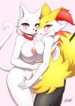  2016 absurd_res anthro big_breasts blush braixen breast_squish breasts breasts_frottage canine cat collar duo feline female female/female fox fur hand_behind_back hand_on_thigh heterochromia hi_res inner_ear_fluff interspecies looking_at_viewer mammal nintendo nude open_mouth pok&eacute;mon pok&eacute;philia purple_eyes red_eyes side_boob smile tailzkim video_games white_fur 