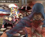  1girl arno_dorian assassin's_creed:_unity assassin's_creed_(series) beret blonde_hair blood blood_splatter blue_eyes character_request commandant_teste_(kantai_collection) commentary crossover french_flag hat hood kantai_collection kneehighs knees_together_feet_apart long_hair multicolored_hair pitcairn_meusel scarf shaded_face sitting_on_ground skirt sweat sweating_profusely trait_connection translated 