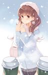  bag beret black_legwear blush breath brown_eyes brown_hair coat coffee_cup cup disposable_cup handbag hat kantai_collection komi_zumiko light_smile ooi_(kantai_collection) out_of_frame pantyhose pov pov_hands snowing solo_focus winter_clothes 