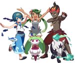  2girls alolan_form alolan_marowak arms_up baggy_pants black_hair blue_eyes blue_hair blue_sailor_collar blush bone bright_pupils capri_pants dark_skin dark_skinned_male fish flower gen_7_pokemon green_eyes green_hair hair_flower hair_ornament hairband holding holding_bone jewelry kaki_(pokemon) long_hair looking_at_viewer mao_(pokemon) marowak multicolored_hair multiple_girls necklace one-piece_swimsuit open_mouth outstretched_arms pants poke_ball pokemon pokemon_(anime) pokemon_(creature) pokemon_sm_(anime) red_hair sailor_collar sandals school_swimsuit shirtless short_hair shorts siblings simple_background sleeveless smile spread_arms steenee suiren_(pokemon) swimsuit swimsuit_under_clothes tonami_kanji trial_captain twins twintails two-tone_hair very_dark_skin water white_background wishiwashi 