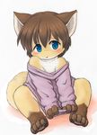  anthro blue_eyes blush bottomless brown_hair canine clothed clothing covering covering_self cub fox fur hair male mammal off_shoulder orange_fur partially_clothed simple_background sitting solo sweater white_background white_fur yojoo young 