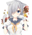  absurdres animal_ears blue_eyes blush breasts cat_ears cat_tail eyebrows_visible_through_hair fang fang_out floral_background gloves hair_ornament hair_over_one_eye hairclip hamakaze_(kantai_collection) highres kantai_collection kemonomimi_mode large_breasts looking_at_viewer miko_92 neckerchief paw_pose school_uniform serafuku short_hair short_sleeves silver_hair smile solo tail upper_body white_background white_gloves yellow_neckwear 