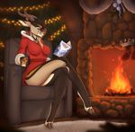  2016 antelope anthro book breasts brown_fur brown_hair brown_horn butt christmas clothed clothing crossed_legs dafka english_text female fire fireplace fur gazelle hair holidays hooves horn legwear lights looking_at_viewer mammal orange_fur robe smile solo stockings stripes text tree 