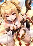  :p andira_(granblue_fantasy) animal_ears bare_shoulders barefoot blonde_hair blush breasts breasts_outside brown_eyes detached_sleeves eri_(resia) erune finger_to_mouth granblue_fantasy hairband highres index_finger_raised looking_at_viewer monkey_ears monkey_tail nipples short_hair sitting small_breasts smile solo staff tail tongue tongue_out wariza 