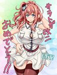  blue_eyes breast_pocket breasts brown_hair dress hair_between_eyes huge_breasts impossible_clothes kantai_collection ken_(insert) large_breasts long_hair looking_at_viewer open_clothes open_dress pocket ponytail red_legwear red_neckwear saratoga_(kantai_collection) side_ponytail sidelocks smile solo thighhighs white_dress 