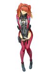  bertha_bernstein blonde_hair bodysuit fang full_body gloves gradient_hair hairband hands_together holster long_hair looking_at_viewer multicolored_hair official_art red_hair solo strap_pull super_robot_wars super_robot_wars_x-omega thigh_holster twintails v_arms watanabe_wataru 
