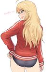  :d ahoge ass blonde_hair blush buruma cowboy_shot from_behind green_eyes hand_on_hip highres hoshii_miki idolmaster idolmaster_(classic) jacket long_hair looking_at_viewer looking_back open_mouth profile sideways_mouth smile solo track_jacket translation_request tsurui 
