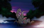  2016 convenient_censorship covering covering_self creek feet female half-closed_eyes holding_tail night nintendo nude outside pok&eacute;mon salazzle seductive sitting sky solo star tail_censorship tom_fischbach tree video_games water wet 