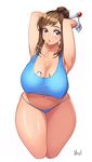  armpits arms_up bad_id bad_pixiv_id body_writing breasts brown_hair cleavage curvy hair_ornament harry_(dudwofla) highres huge_breasts long_hair looking_at_viewer mei_(overwatch) no_eyewear overwatch parted_lips solo thick_thighs thighs wide_hips 