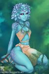  2019 anthro blue_skin breasts detailed_background digital_media_(artwork) female humanoid kneeling midriff navel pink_eyes satsukii smile solo unknown_species 