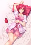  bangs bed digital_media_player dress earrings follen_(639594) headphones highres jewelry layered_dress looking_at_viewer lying on_back original parted_lips pillow pink_dress red_hair red_ribbon ribbon short_dress short_hair solo yellow_eyes 