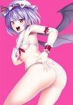  amisu ass bat_wings bikini blue_hair breasts duplicate hat hat_ribbon looking_at_viewer mob_cap open_mouth pink_background red_eyes red_ribbon remilia_scarlet ribbon short_hair simple_background small_breasts smile solo swimsuit touhou wet white_bikini wings wrist_cuffs 