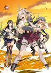  3girls adjusting_eyewear ahoge aircraft_catapult artist_name asashimo_(kantai_collection) black_hair blue_eyes blue_hair boots bow bowtie cannon enemy_aircraft_(kantai_collection) fujikawa glasses grey_hair hair_between_eyes hair_over_one_eye hairband highres kantai_collection kiyoshimo_(kantai_collection) lace lace-trimmed_thighhighs long_hair multicolored_hair multiple_girls non-web_source official_art one_eye_closed ooyodo_(kantai_collection) pout radio_antenna semi-rimless_eyewear sharp_teeth tears teeth thighhighs torn_clothes torpedo turret under-rim_eyewear underwear very_long_hair wavy_mouth 