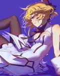  arm_support artoria_pendragon_(all) bad_anatomy bare_shoulders black_legwear blonde_hair bow breasts cleavage cleavage_cutout fate/grand_order fate_(series) frills green_eyes hair_bow highres long_hair medium_breasts pantyhose parted_lips ponytail red_cucumber saber saber_lily sitting solo wind 