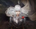  armor behelit berserk blue_eyes cape griffith highres jana_schirmer jewelry lips long_hair male_focus necklace solo white_hair 