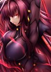  arms_behind_head arms_up ass bodysuit breasts covered_nipples fate/grand_order fate_(series) fi-san large_breasts long_hair looking_at_viewer purple_hair red_eyes scathach_(fate)_(all) scathach_(fate/grand_order) skin_tight smile solo very_long_hair 