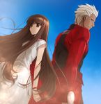  1girl archer brown_eyes brown_hair dark_skin dark_skinned_male dress fate/extella fate/extra fate_(series) from_behind kishinami_hakuno_(female) long_hair looking_back nagiko_(mangalove1111) very_long_hair white_dress white_hair 