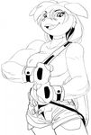  anthro canine clothed clothing doedog female looking_at_viewer mammal monochrome muscular open_mouth sketch smile solo 