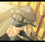  anchor anime_coloring bare_shoulders bismarck_(kantai_collection) black_hat blonde_hair blue_eyes detached_sleeves from_above hat kantai_collection long_hair looking_away military military_uniform solo stairs tomato_(lsj44867) uniform 