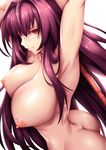  armpits arms_behind_head arms_up ass back breasts cleavage fate/grand_order fate_(series) fi-san large_breasts long_hair looking_at_viewer nipples nude purple_hair red_eyes scathach_(fate)_(all) scathach_(fate/grand_order) simple_background smile solo very_long_hair white_background 