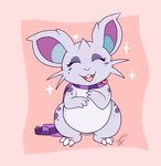  &lt;3 2016 buckteeth claws cute english_text eyes_closed female feral horn looking_at_viewer mostly_nude nidoran nidoran♀ nintendo pink_background pok&eacute;mon purple_skin scarf shikaro signature simple_background smile solo teeth text video_games 