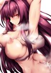  1girl absurdres armpits arms_behind_head arms_up ass breasts cleavage fate/grand_order fate_(series) fi-san groping heart heart-shaped_pupils heavy_breathing hetero highres large_breasts long_hair looking_at_viewer nipples purple_hair red_eyes saliva scathach_(fate)_(all) scathach_(fate/grand_order) sex simple_background smile solo_focus sweat symbol-shaped_pupils very_long_hair white_background 