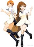  apron black_legwear brown_eyes brown_hair employee_uniform frilled_apron frills full_body inami_mahiru loafers long_hair long_legs multiple_girls orange_eyes orange_hair ponytail shoes short_hair suzushiro_nazuna taneshima_popura uniform very_long_hair waitress waving working!! 