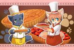  anthro black_fur blue_eyes blush canine cat chef chef_hat clothing cub dessert duo feline food fox fur green_eyes hat looking_at_viewer male mammal open_mouth orange_fur platter smile white_fur yojoo young 