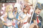  2girls ;p arm_hug assassin's_creed_(series) assassin's_creed_iii blonde_hair blue_eyes blush bow_(weapon) breasts brown_hair cleavage commentary_request connor_kenway crossover elbow_gloves girl_sandwich gloves haytham_kenway heart highres hood iowa_(kantai_collection) kantai_collection large_breasts multiple_boys multiple_girls one_eye_closed open_mouth pitcairn_meusel sandwiched saratoga_(kantai_collection) shaded_face split_screen sweat sweating_profusely teeth tongue tongue_out weapon 