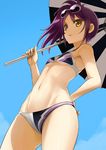  beach_umbrella bikini cloud day eyewear_on_head flat_chest from_below hand_on_hip navel open_mouth pretty_(series) pripara purple_hair short_hair side_ponytail sky solo sunglasses swimsuit tea_(nakenashi) toudou_shion umbrella yellow_eyes 