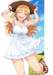 :d ^_^ adjusting_clothes adjusting_hat armpits arms_up bangs bare_legs blonde_hair breasts closed_eyes collarbone cowboy_shot day dress facing_viewer field flower flower_field hat high_heels highres hoshii_miki idolmaster idolmaster_(classic) long_hair medium_breasts open_mouth short_dress smile solo sun_hat sundress teeth tsurui white_dress 