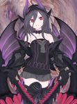  armor_girls_project bare_shoulders black_eclipse_dragon_princess black_hair black_legwear choker claws commentary_request dragon_girl dragon_horns dragon_wings dual_wielding flat_chest gauntlets gore_magala grin hairband highres holding holding_sword holding_weapon horns lolita_hairband long_hair looking_at_viewer makabe_gorou monster_hunter monster_hunter_4 pleated_skirt red_eyes skirt smile solo sword thighhighs weapon wings 