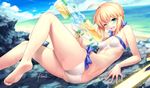  ;d ahoge arm_support artist_name artoria_pendragon_(all) artoria_pendragon_(swimsuit_archer) ass bad_anatomy barefoot beach bikini blonde_hair blue_sky blush braid breasts cloud cloudy_sky crown_braid day excalibur eyebrows_visible_through_hair fate/grand_order fate_(series) fingernails green_eyes hair_ribbon holding holding_weapon horizon kousaki_rui leg_up looking_at_viewer lying medium_breasts ocean on_side one_eye_closed open_mouth outdoors ribbon short_hair signature sky smile solo swimsuit sword toes trigger_discipline twisted_torso water water_gun weapon wet white_bikini 
