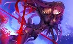  blurry bodysuit breasts depth_of_field dual_wielding dutch_angle fate/grand_order fate_(series) flower fuyuki_(neigedhiver) gae_bolg holding long_hair looking_at_viewer medium_breasts pauldrons polearm purple_bodysuit purple_hair red_eyes scathach_(fate)_(all) scathach_(fate/grand_order) smile solo spear spider_lily veil weapon 