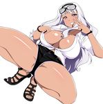  absurdres breasts cleavage eyewear_on_head glasses headband highres idolmaster idolmaster_(classic) jabara_tornado large_breasts long_hair open_clothes open_shirt purple_eyes sandals shijou_takane shirt short_shorts shorts silver_hair simple_background smile solo spread_legs squatting tan toes v white_background 