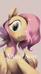 2016 ciyuunhe english_text equine feathered_wings feathers female feral fluttershy_(mlp) friendship_is_magic fur green_eyes grey_background hair hi_res looking_at_viewer mammal my_little_pony pegasus pink_hair simple_background smile solo text wings yellow_feathers yellow_fur 