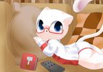  anthro blue_eyes book cat clothing controller cub eyewear feline fur glasses looking_at_viewer lying male mammal moki on_front pillow remote_control underwear white_fur young 