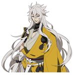  1boy animal_ears armor bare_chest bishounen commentary_request flower_knot fox_boy fox_ears gold_trim japanese_armor japanese_clothes kogitsunemaru long_hair male_focus open_mouth pom_pom_(clothes) red_eyes shoulder_armor smile sode solo tassel thick_eyebrows touken_ranbu very_long_hair white_hair 