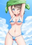  ;p arms_up ass_visible_through_thighs bikini blue_bikini blue_eyes blue_sky blush breasts cameltoe cloud commentary_request condensation_trail cowboy_shot day highres legs_apart light_brown_hair looking_at_viewer love_live! love_live!_sunshine!! medium_breasts micro_bikini navel one_eye_closed outdoors sazanami_tarou shiny shiny_skin shirt_lift short_hair sky smile solo standing string_bikini swimsuit tehepero tongue tongue_out underboob watanabe_you 