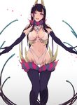  ane_naru_mono ass_visible_through_thighs black_hair blush breasts chiyo_(ane_naru_mono) demon_girl elbow_gloves eyeball gloves gradient gradient_background highres horns large_breasts long_hair looking_at_viewer navel open_mouth outstretched_arms pochi_(pochi-goya) purple_eyes smile solo spread_arms tentacles thigh_gap very_long_hair white_background 
