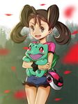  bag bracelet brown_hair bulbasaur dark_skin green_eyes happy legs loli nature open_mouth pokemon pokemon_(creature) pokemon_(game) pokemon_xy porforever quad_tails red_eyes sana_(pokemon) shirt short_shorts smile 